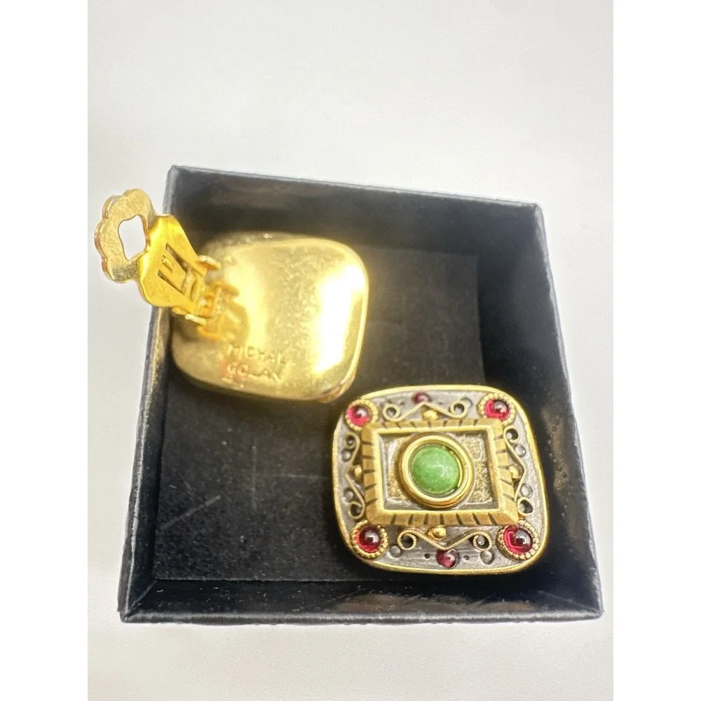 Vintage Michal Golan Statement Earrings Green Red Jeweled Gold Tone Signed